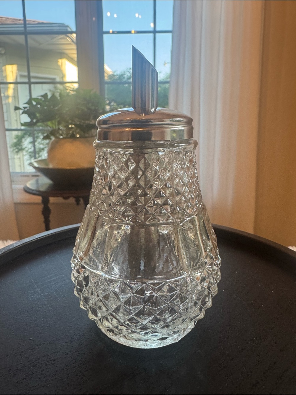 Diamond Cut Glass Sugar Pourer with Silver Lid